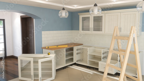 Assemblyf of kitchen furniture, 3D illustration