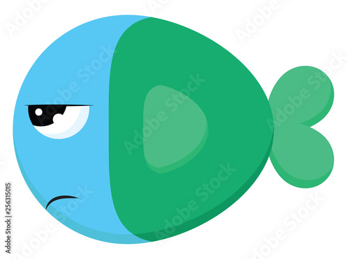 Angry blue fish with green tail, vector color illustration.