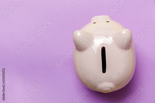 Saving investment budget wealth retirement financial money banking concept. Pink piggy bank isolated on purple violet pastel colourful trendy background. Flat lay top view copy space