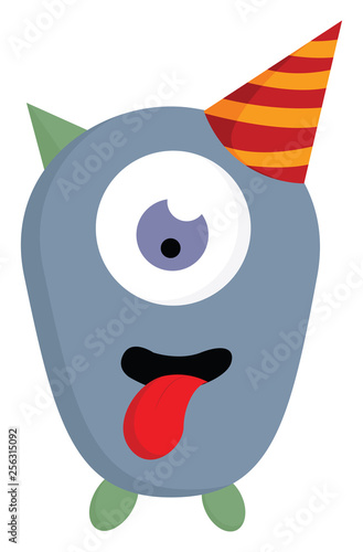 One eyed monster in a birthday hat, vector color illustration.