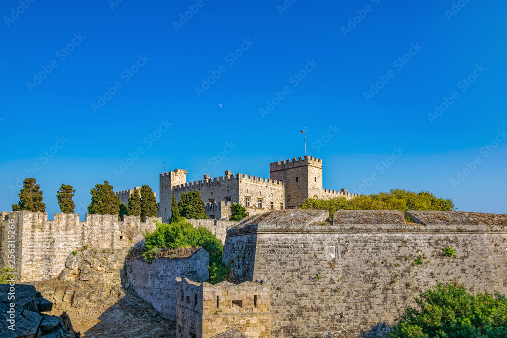 Walls of the fortress of the old town of Rhodes on the island of Rhodes in Greece.