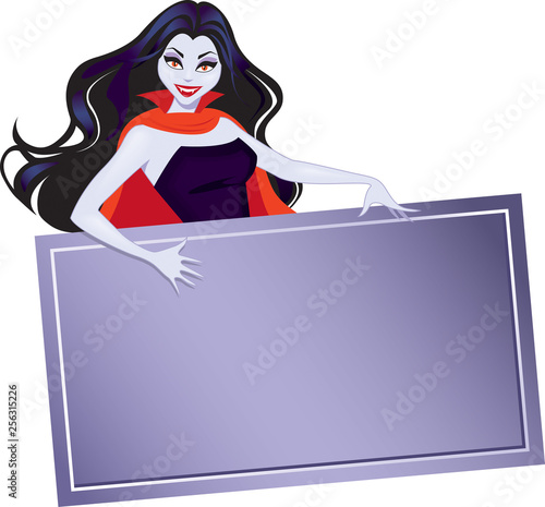 Lady vampire presents a coffin-inspired signboard with copy space for Halloween promotion or message.