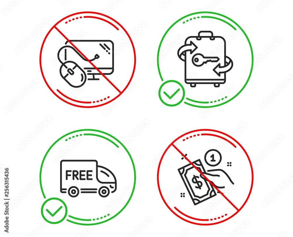 Do or Stop. Luggage, Free delivery and Computer mouse icons simple set. Payment method sign. Baggage locker, Shopping truck, Pc component. Give money. Business set. Line luggage do icon. Vector Do or Stop. Luggage, Free delivery and Computer mouse icons simple set. Payment method sign. Baggage locker, Shopping truck, Pc component. Give money. Business set. Line luggage do icon. Vector