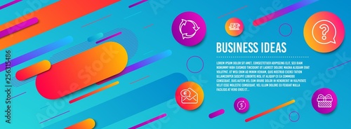 Header banner. Usd exchange, Question mark and Copywriting notebook icons simple set. Recycle, Euro money and Gift signs. Currency rate, Help support. Business set. Line usd exchange icon. Vector