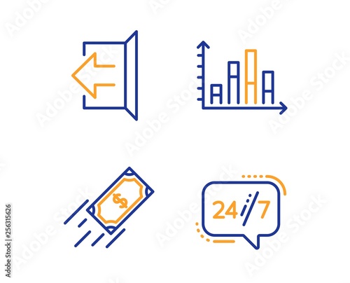 Diagram graph, Sign out and Fast payment icons simple set. 24/7 service sign. Presentation chart, Logout, Finance transfer. Call support. Business set. Linear diagram graph icon. Colorful design set