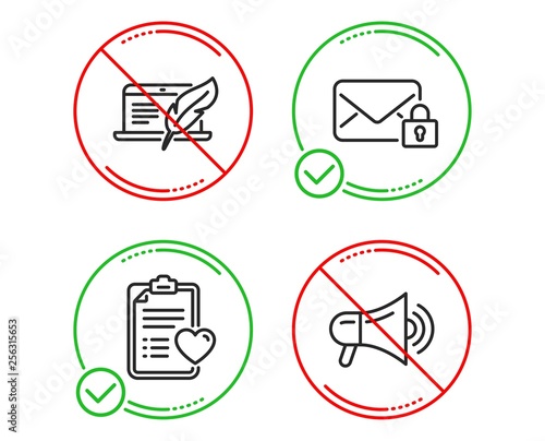 Do or Stop. Copyright laptop, Patient history and Secure mail icons simple set. Megaphone sign. Writer device, Medical survey, Private e-mail. Advertisement. Business set. Vector