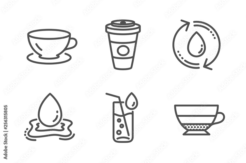 Water splash, Takeaway coffee and Water glass icons simple set. Espresso, Americano signs. Aqua drop, Hot latte drink. Food and drink set. Line water splash icon. Editable stroke. Vector Water splash, Takeaway coffee and Water glass icons simple set. Espresso, Americano signs. Aqua drop, Hot latte drink. Food and drink set. Line water splash icon. Editable stroke. Vector