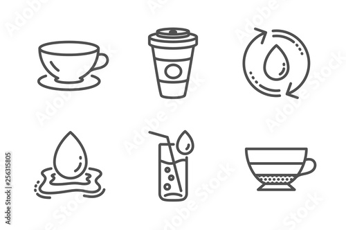 Water splash  Takeaway coffee and Water glass icons simple set. Espresso  Americano signs. Aqua drop  Hot latte drink. Food and drink set. Line water splash icon. Editable stroke. Vector