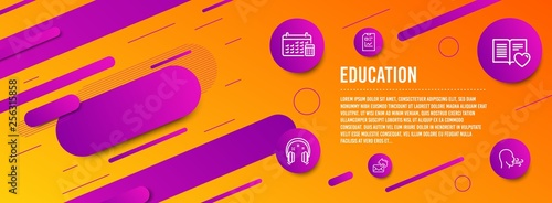 Header banner. Love book, Headphones and Calendar icons simple set. Report document, Share mail and Breathing exercise signs. Customer feedback, Earphones. Education set. Line love book icon. Vector