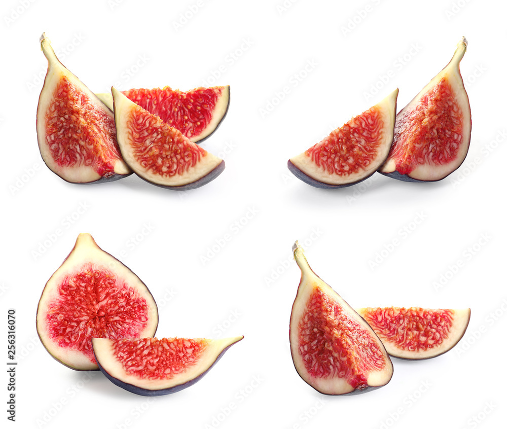Set of cut delicious ripe figs on white background Set of cut delicious ripe figs on white background