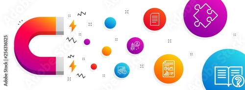 Magnet attracting. Accounting, Startup and Report document icons simple set. Document, Strategy and Help signs. Supply and demand, Developer. Education set. Line accounting icon. Editable stroke