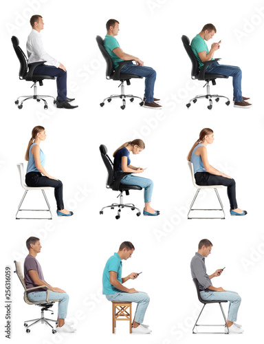 Collage of people sitting on chairs against white background. Posture concept