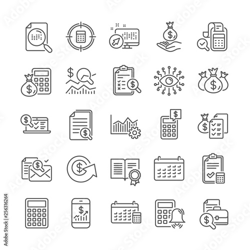 Accounting line icons. Set of Check investment, Calculator and Report icons. Calendar, Banking account and Finance accounting report document. Bill, Calculator and Wealth auditing. Quality set. Vector
