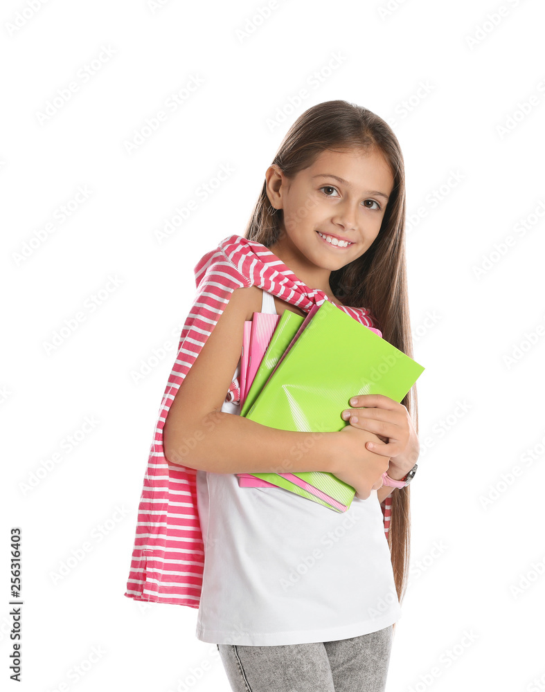 Pretty preteen girl with notebooks against white background Pretty preteen girl with notebooks against white background
