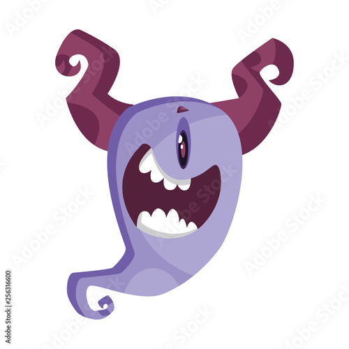 One-eyed purple cartoon monster with horns smiling white background vector illustration.