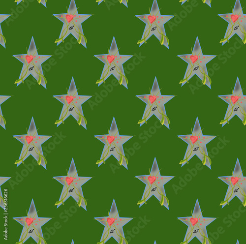 A green star on a green background with the drawn heart with the sign of sex,seamless background.