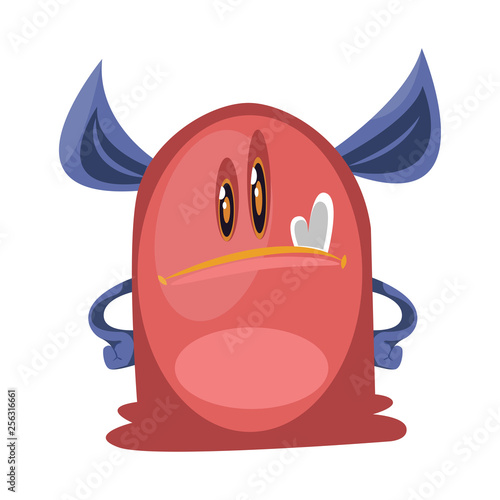 Confident red monster with big blue ears cartoon charater white background vector illustration.