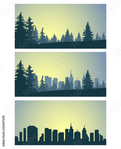 Three panoramic banners of city and coniferous forest.  Blue, yellow and black tones.