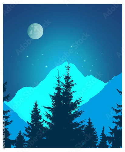 Image landscape. Silhouette of coniferous trees and snowy rocks on the background of night sky and full moon. Neon art.