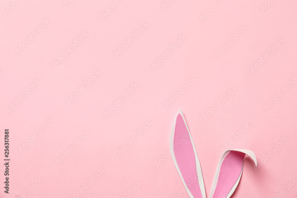 Funny Easter bunny ears on color background, top view with space for text Funny Easter bunny ears on color background, top view with space for text