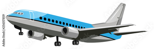 Blue and grey vector illustration of an airplane white background. photo