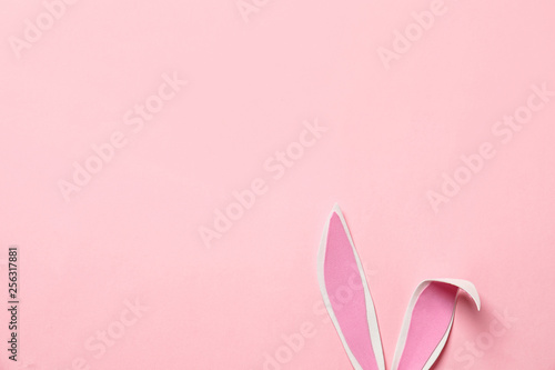 Funny Easter bunny ears on color background, top view with space for text