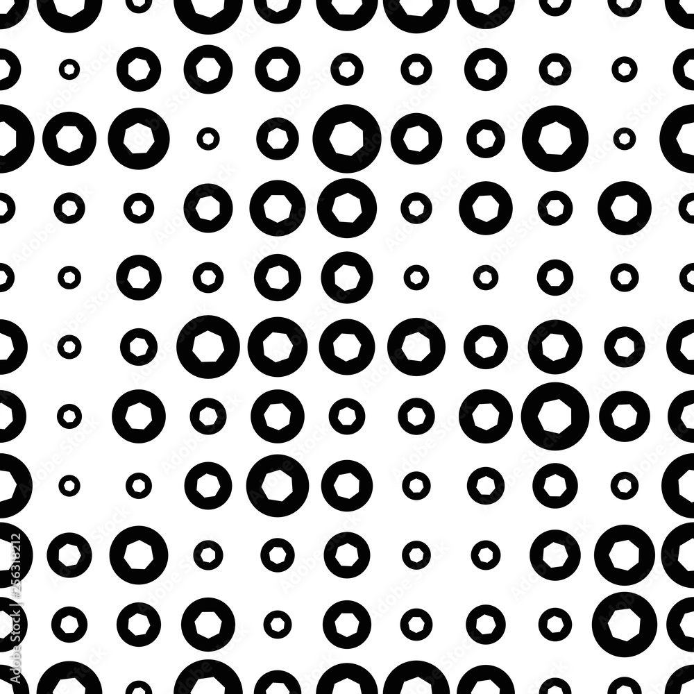 Black and white seamless pattern with halftone dots. Dotted texture. Abstract geometrical pattern of round shape. Screen print. Vector illustration. Black and white seamless pattern with halftone dots. Dotted texture. Abstract geometrical pattern of round shape. Screen print. Vector illustration.