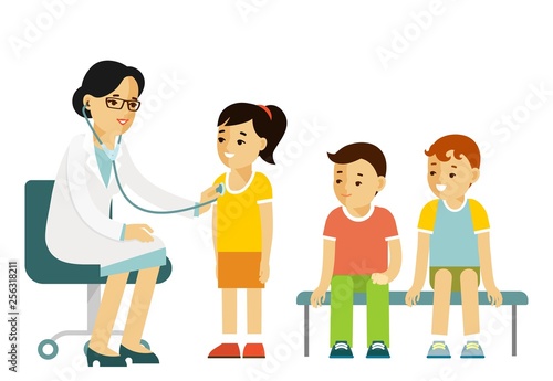 Pediatrician doctor concept. Young woman practitioner and happy children in flat style isolated on white background. Doctor doing medical examination of group of kids with stethoscope. Consultation