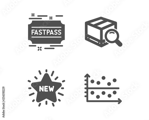Set of Fastpass, Search package and New star icons. Dot plot sign. Entrance ticket, Tracking service, Shopping. Presentation graph.  Classic design fastpass icon. Flat design. Vector