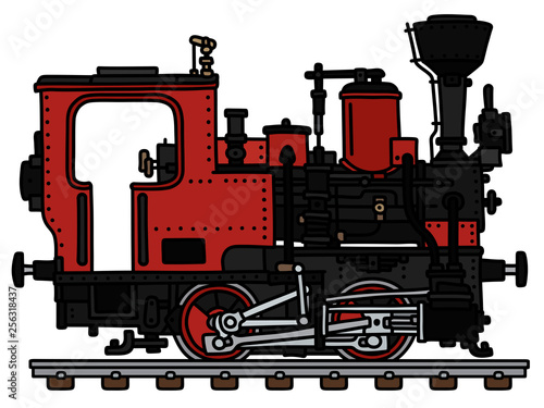 The vectorized hand drawing of an old red small steam locomotive