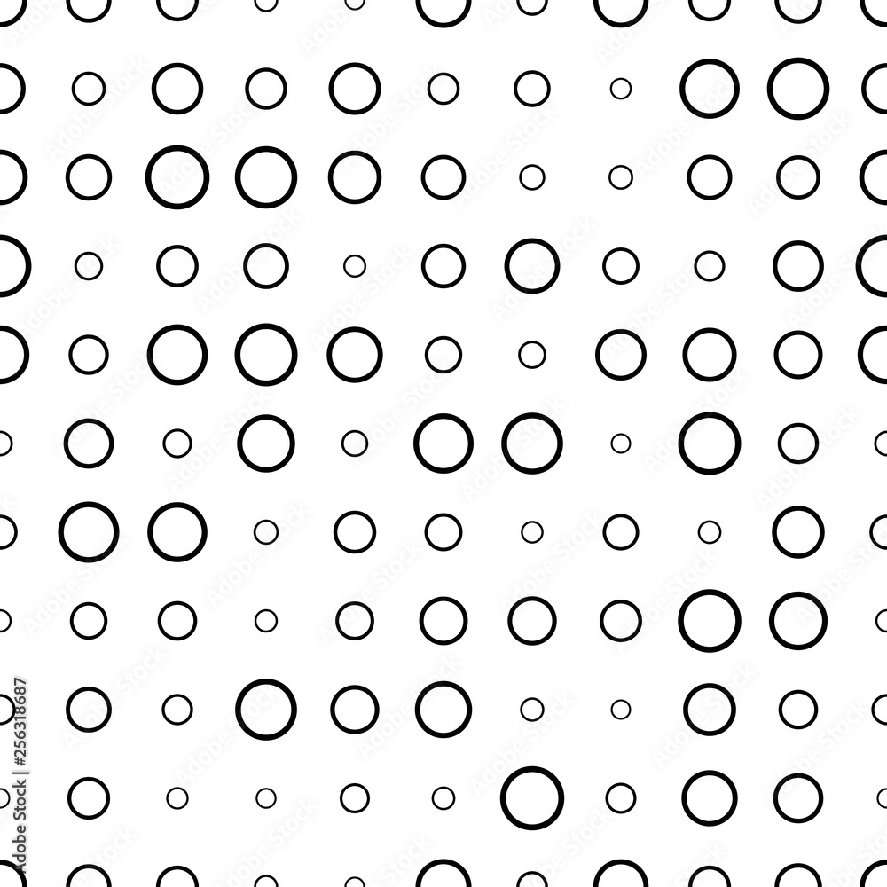 Black and white seamless pattern with halftone rings, dots. Dotted texture. Abstract geometrical pattern of round shape. Screen print. Vector illustration. 