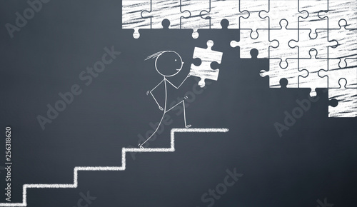 stickman comlete puzzle on the stairs.