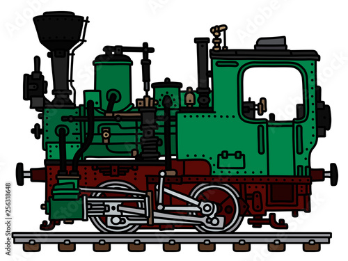 The vectorized hand drawing of an old green small steam locomotive