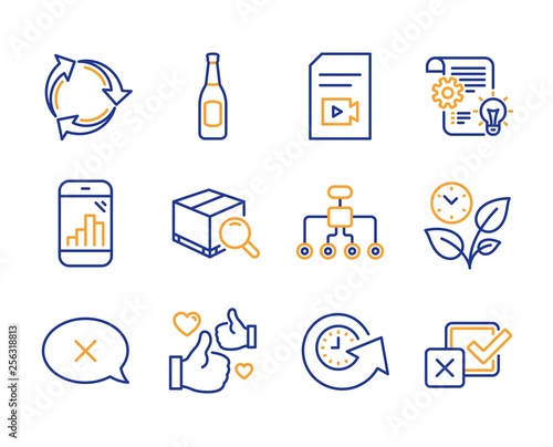 Update time, Graph phone and Video file icons simple set. Restructuring, Beer and Reject signs. Recycle, Leaves and Like symbols. Search package, Cogwheel and Checkbox. Line update time icon. Vector