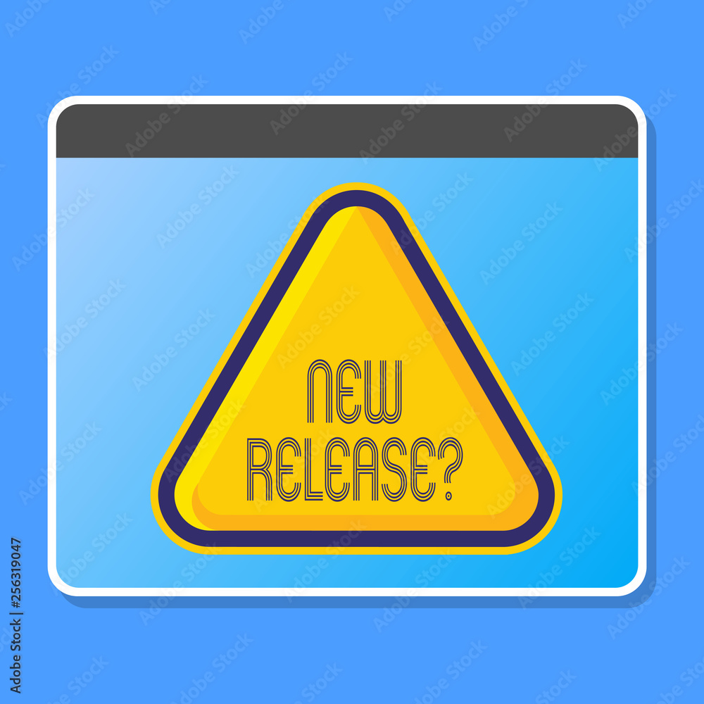 Word writing text New Release Question. Business photo showcasing asking about recent product or service newly unleashed Blank Yellow Embossed Triangle with Border as Web Button In Tablet Screen Word writing text New Release Question. Business photo showcasing asking about recent product or service newly unleashed Blank Yellow Embossed Triangle with Border as Web Button In Tablet Screen