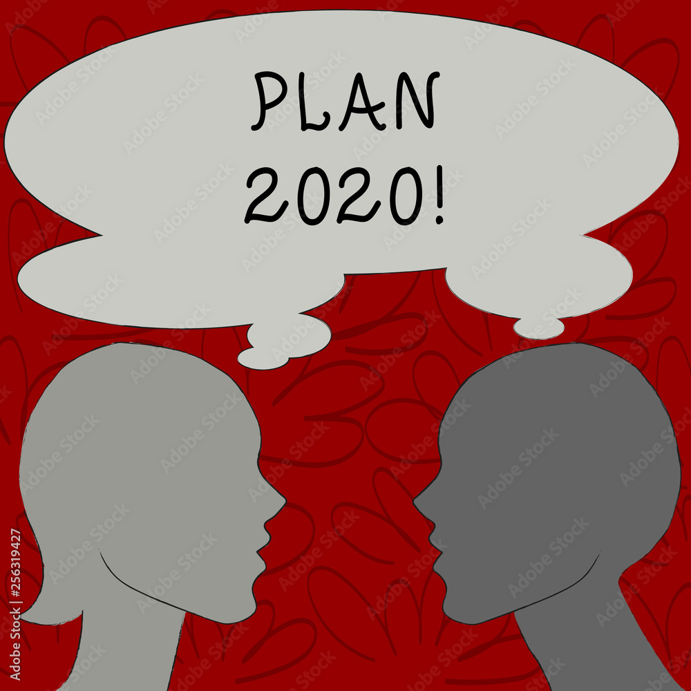 Text sign showing Plan 2020. Business photo text detailed proposal doing achieving something next year Silhouette Sideview Profile Image of Man and Woman with Shared Thought Bubble