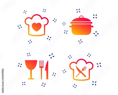 Chief hat with heart and cooking pan icons. Crosswise fork and knife signs. Boil or stew food symbol. Random dynamic shapes. Gradient cooking icon. Vector