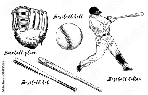 Isolated baseball set on white background. Hand-drawn elements such as baseball player, glove, bat and ball. Vector illustration