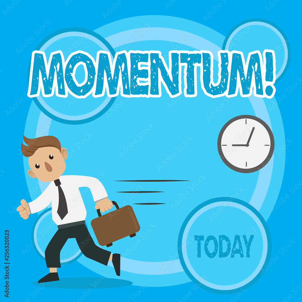 Word writing text Momentum. Business photo showcasing Quantity motion in moving body Product of mass and velocity Man in Tie Carrying Briefcase Walking in a Hurry Past the Analog Wall Clock Word writing text Momentum. Business photo showcasing Quantity motion in moving body Product of mass and velocity Man in Tie Carrying Briefcase Walking in a Hurry Past the Analog Wall Clock