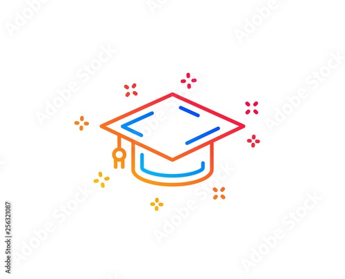 Graduation cap line icon. Education sign. Student hat symbol. Gradient design elements. Linear graduation cap icon. Random shapes. Vector