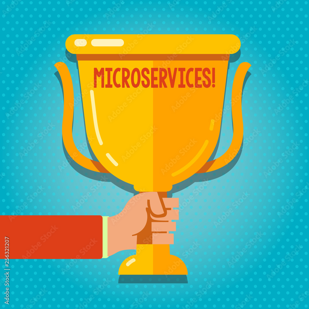 Word writing text Microservices. Business photo showcasing Software development technique Decomposing an application Hand Holding Blank Golden Championship Winners Cup Trophy with Reflection Word writing text Microservices. Business photo showcasing Software development technique Decomposing an application Hand Holding Blank Golden Championship Winners Cup Trophy with Reflection