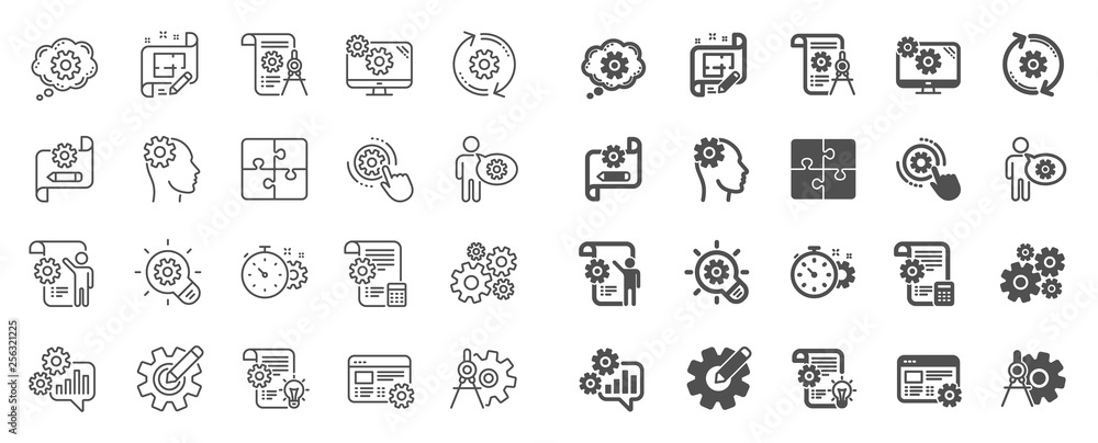 Engineering line icons. Set of Idea bulb, Dividers tools and Blueprint linear icons. Cogwheel, calculate price, mechanical tools. Idea bulb with cog, architect dividers, engineering people. Vector Engineering line icons. Set of Idea bulb, Dividers tools and Blueprint linear icons. Cogwheel, calculate price, mechanical tools. Idea bulb with cog, architect dividers, engineering people. Vector