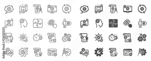 Engineering line icons. Set of Idea bulb, Dividers tools and Blueprint linear icons. Cogwheel, calculate price, mechanical tools. Idea bulb with cog, architect dividers, engineering people. Vector