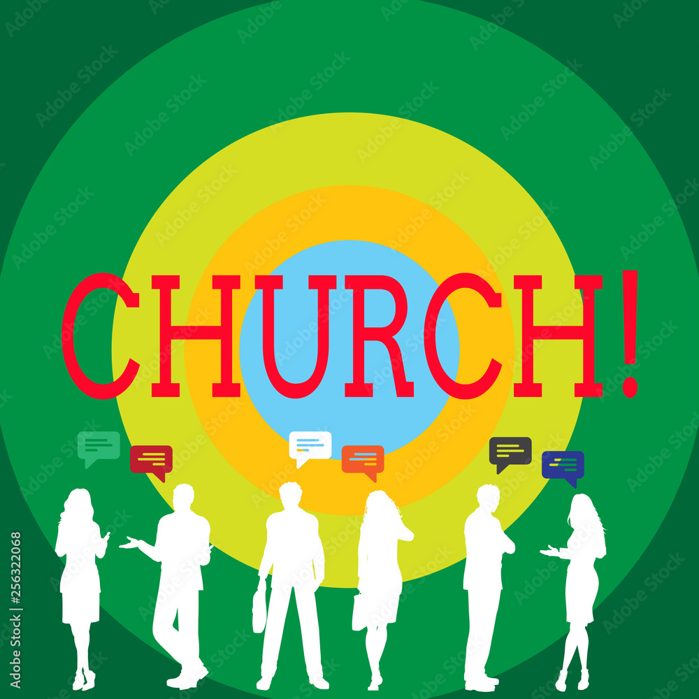 Conceptual hand writing showing Church. Concept meaning Cathedral Altar Tower Chapel Mosque Sanctuary Shrine Synagogue Temple Figures of People Talking with Gestures and Text Balloon Conceptual hand writing showing Church. Concept meaning Cathedral Altar Tower Chapel Mosque Sanctuary Shrine Synagogue Temple Figures of People Talking with Gestures and Text Balloon