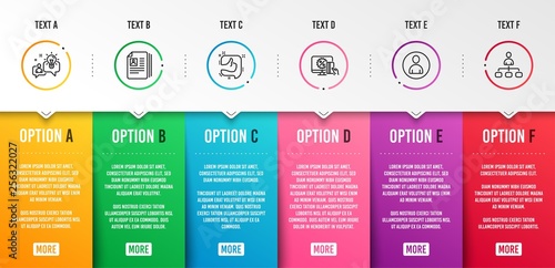Idea, Cv documents and Avatar icons simple set. Like, Online shopping and Management signs. Solution, Portfolio files. People set. Infographic template. 6 steps timeline. Business options. Vector