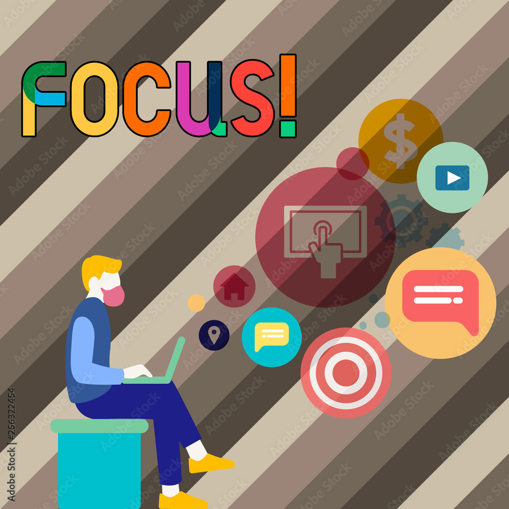 Conceptual hand writing showing Focus. Concept meaning Point of concentration Center activity Attraction Man Sitting with Laptop and SEO Driver Icons on Blank Space Conceptual hand writing showing Focus. Concept meaning Point of concentration Center activity Attraction Man Sitting with Laptop and SEO Driver Icons on Blank Space