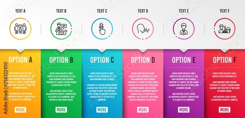 Businessman, Breathing exercise and Partnership icons simple set. Exhibitors, Swipe up and Cleaning service signs. User data, Breath. People set. Infographic template. 6 steps timeline. Vector