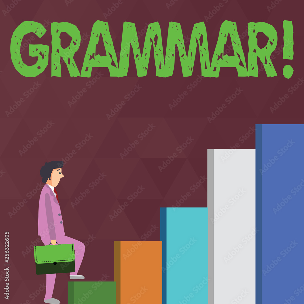 Word writing text Grammar. Business photo showcasing System and Structure of a Language Writing Rules Businessman Carrying a Briefcase is in Pensive Expression while Climbing Up Word writing text Grammar. Business photo showcasing System and Structure of a Language Writing Rules Businessman Carrying a Briefcase is in Pensive Expression while Climbing Up