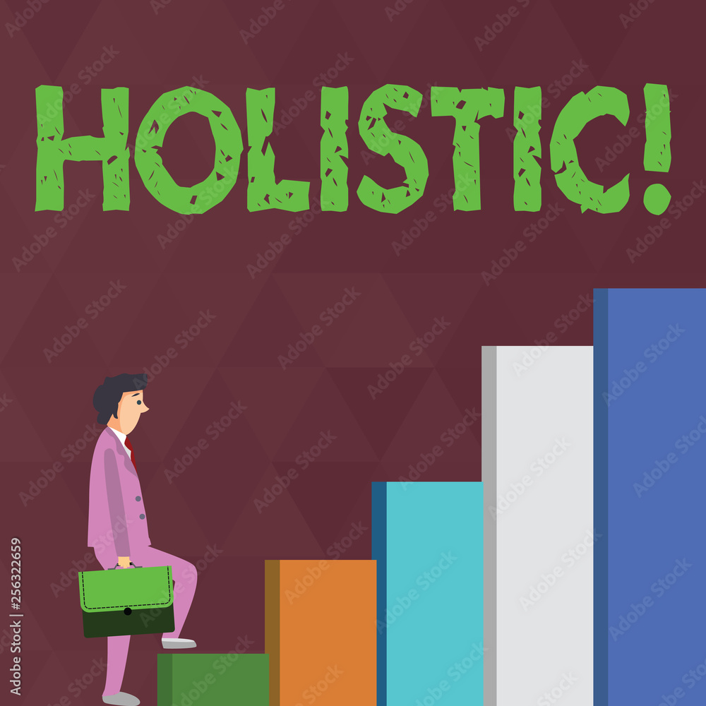 Word writing text Holistic. Business photo showcasing Belief the parts of something are interconnected Related to holism Businessman Carrying a Briefcase is in Pensive Expression while Climbing Up Word writing text Holistic. Business photo showcasing Belief the parts of something are interconnected Related to holism Businessman Carrying a Briefcase is in Pensive Expression while Climbing Up