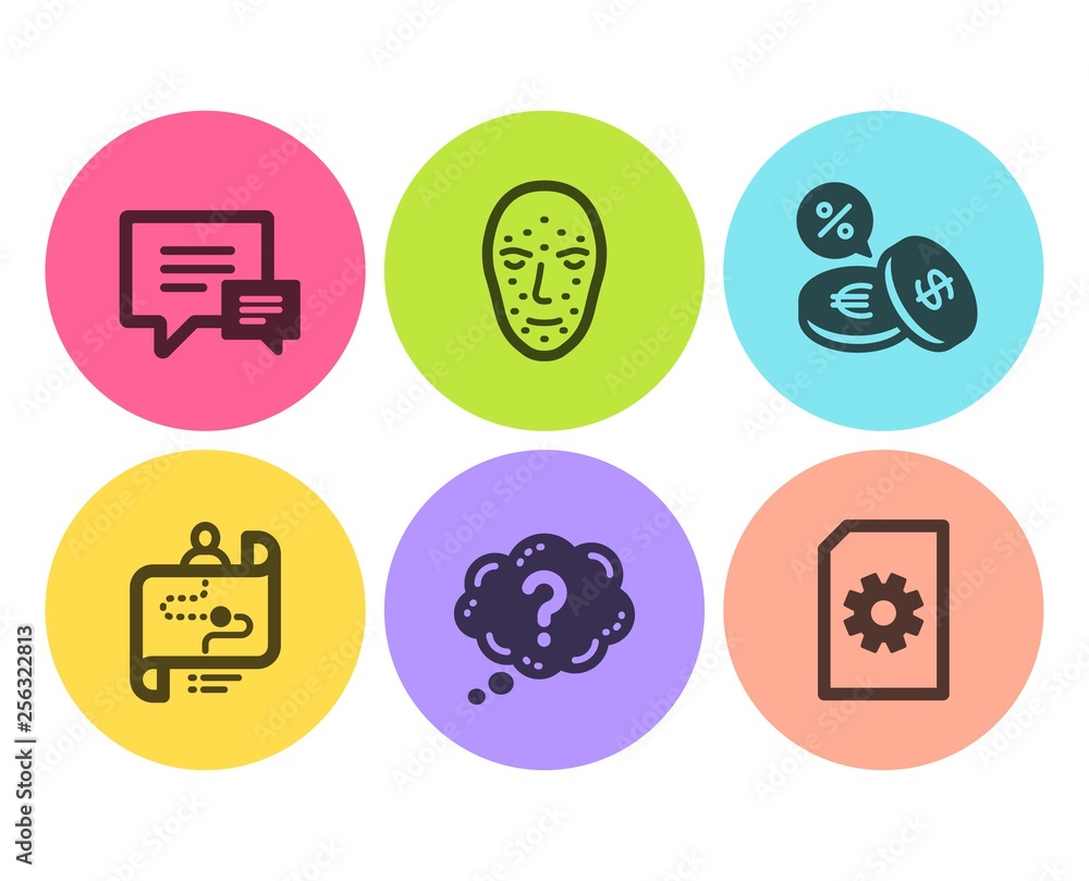 Comment, Face biometrics and Question mark icons simple set. Currency exchange, Journey path and File management signs. Talk bubbles, Facial recognition. Business set. Flat comment icon. Circle button Comment, Face biometrics and Question mark icons simple set. Currency exchange, Journey path and File management signs. Talk bubbles, Facial recognition. Business set. Flat comment icon. Circle button
